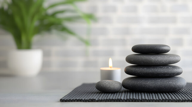 Relaxing spa stones with candle tranquil setting still life indoor atmosphere calming ambiance