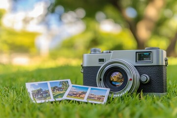 Vintage camera with small prints on green grass during a bright sunny day in a park setting. Generative AI