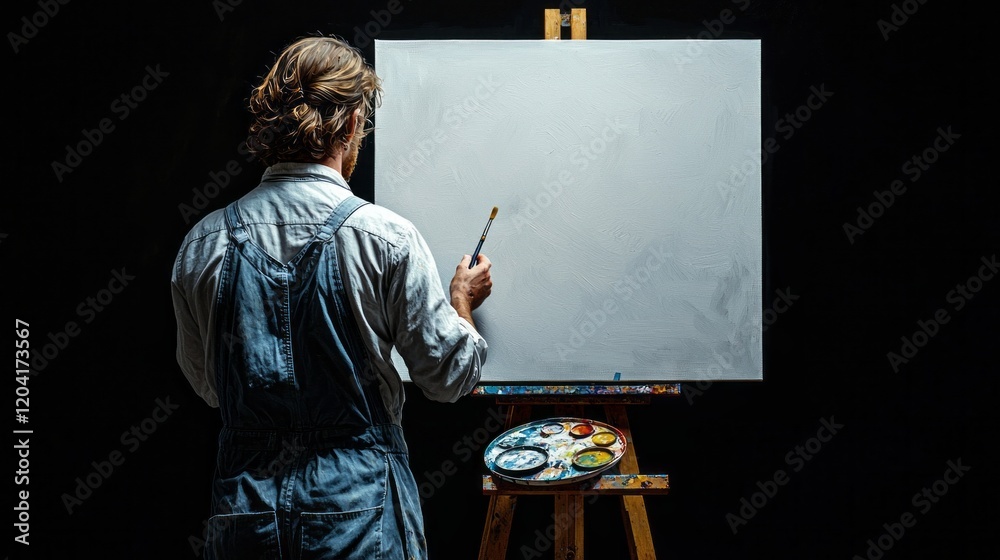 Poster with a brush in hand, a painter in blue overalls stands before a blank canvas, focused and ready to 
