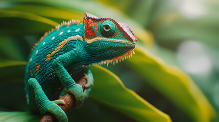Obraz premium Chameleon perched on green leaves nature close-up tropical environment vibrant colors