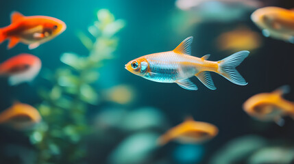 Fototapeta premium Swimming fish in aquarium marine life exhibit underwater vibrant environment close-up view aquatic harmony