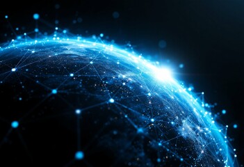 Glowing blue earth horizon in space with network connections. Digital global technology concept showing worldwide communication. Dark background with light effects for tech banner