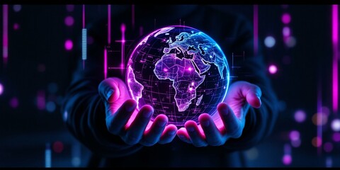Glowing holographic Earth globe floating above hands in dark space. Digital planet visualization with neon purple and blue lights. Futuristic global technology concept for banner design