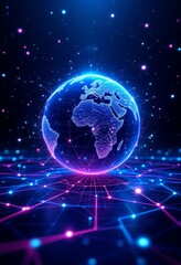 Digital Earth globe with neon blue glow on futuristic grid background. Global network concept with glowing connections. Technology and cyber space visualization with Africa continent view