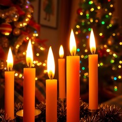 Glowing candles before Christmas trees.