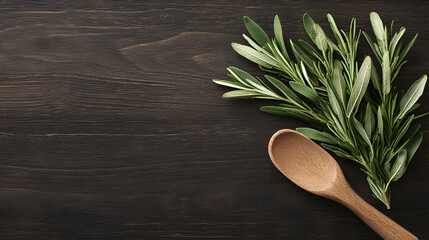 Cooking with fresh herbs using olive branch and wooden spoon in a rustic kitchen setting