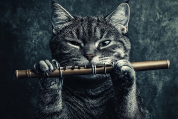 Gray Cat Playing a Flute