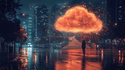Person walking towards glowing cloud over city.