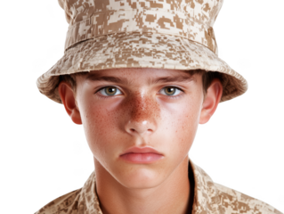 Young Soldier with Freckled Face in Military Camouflage Hat