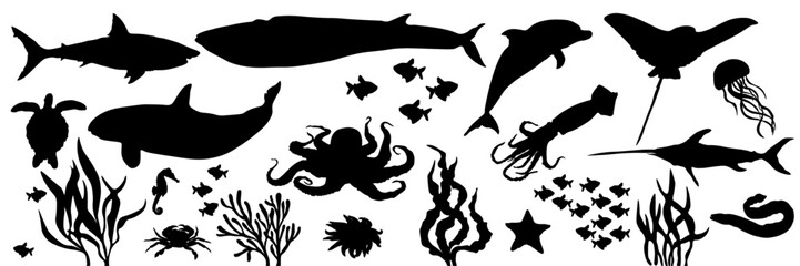 Large set of silhouettes of sea inhabitants. Sea inhabitants of the depths. Black and white drawings of sea creatures. Fish, whale, dolphin, shark, jellyfish, turtle, algae