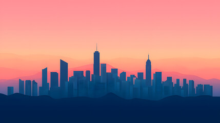 Obraz premium Sunset skyline silhouette urban cityscape digital art evening aerial view modern architecture