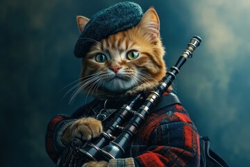 Ginger Cat in Scottish Dress Playing Bagpipes