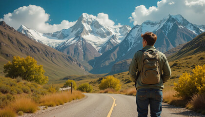 Obraz premium Man with backpack walking on mountain road under blue sky