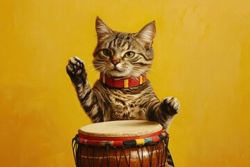 Tabby Cat Playing Djembe Drum