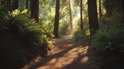 Obraz premium A peaceful trail through a forest with sunlight peeking through the trees, promoting health.