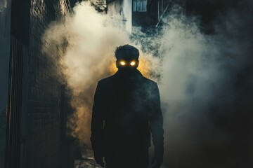 Obraz premium Shadowy Figure Glowing Eyes Dark Alleyway Smoke
