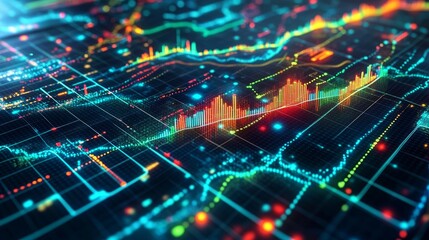 Futuristic digital financial chart with dynamic data visualization and bright colors