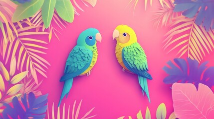 Obraz premium Two colorful parrots on pink background with tropical leaves.