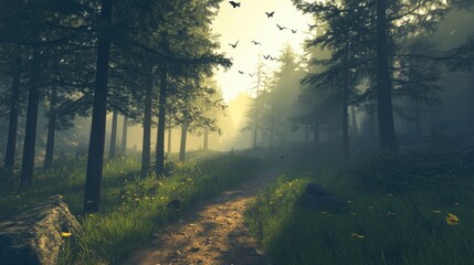 Obraz premium A peaceful trail through a sunlit forest with birds chirping and the scent of pine.