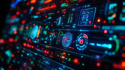 Obraz premium Futuristic neon interface panel with digital data displays and cybernetic graphics