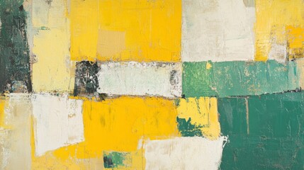 A bold chromatic abstract with vibrant yellows and greens layered over a textured base