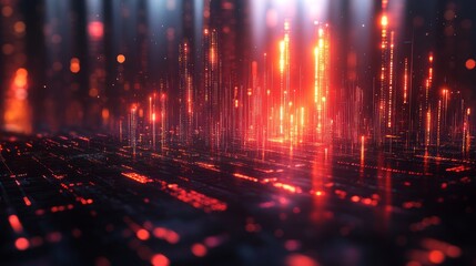 Glowing abstract cityscape with red neon lights and futuristic urban skyline