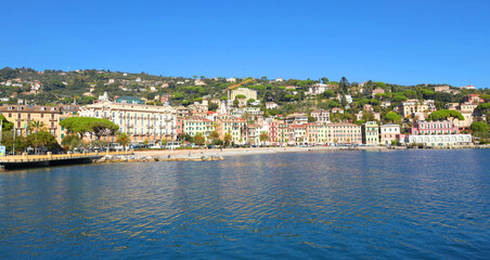 Santa Margherita, Italy - November 13, 2024. View of sea. Tourism and recreation. Ecologically clean nature. Traditional old buildings. Historical center.