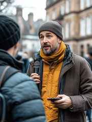Man in Brown Coat and Yellow Scarf Interviewing Another Person in City Street