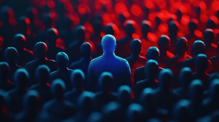 Obraz premium leader stands out among crowd, symbolizing motivation and career growth. blue figure represents guidance, while red figures signify teamwork and collaboration