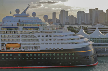 Modern family cruiseship cruise ship liner Magic or Wonder in port of Miami, Florida USA during...