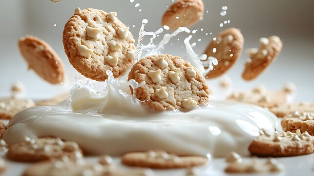 Splashing Milk with Oatmeal Cookies on White Background