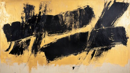 Naklejka premium A bold textured abstract using overlapping black and gold brushstrokes on a neutral base