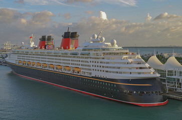 Modern family cruiseship cruise ship liner Magic or Wonder in port of Miami, Florida USA during...
