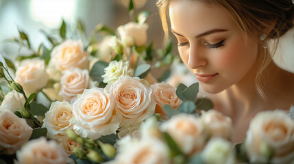 Portrait of a Woman Surrounded by Peach Roses and Greenery, Soft Focus on Floral Arrangement