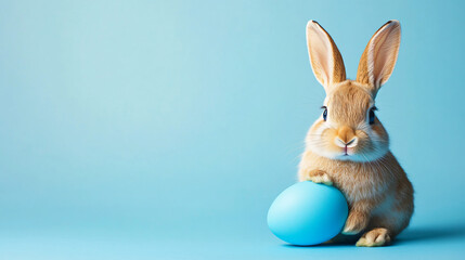 Fototapeta premium Easter Bunny with Blue Egg: An adorable fluffy brown bunny sits proudly holding a pastel blue Easter egg against a soft light blue background. Perfect for Easter greetings, spring themes.