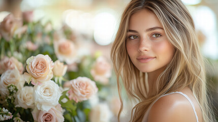 Fototapeta premium Young woman with long hair posing beside beautiful bouquet of roses in soft natural lighting