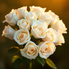Obraz premium Close-up of a bouquet of cream-colored roses in warm sunlight.