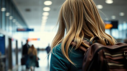 Woman with backpack walking through a busy airport terminal, looking towards her destination. Travel, journey, and adventure awaits!