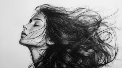 Fototapeta premium Detailed black and white sketch of a woman with flowing hair on white background