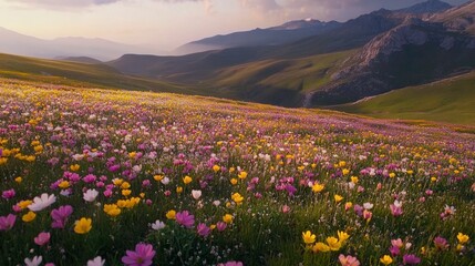 Obraz premium A breathtaking aerial shot of alpine valleys covered in spring wildflowers