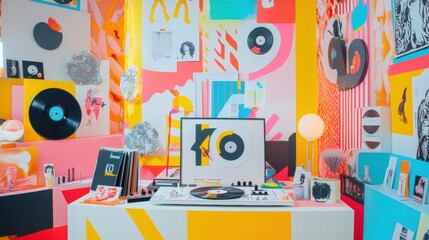 Vibrant music studio filled with colorful decor and vinyl records in a creative workspace....