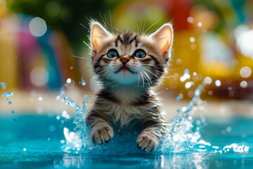 A small kitten jumping into a pool of water