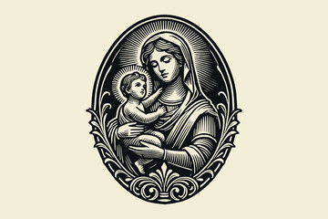 Vintage vector engraving of Madonna and Child Jesus in ornate emblem