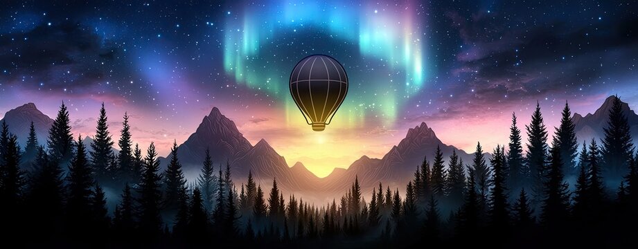 Expansive night skies with Northern Lights glowing above dense Canadian forests, featuring a soft blend of pastel neon tones and flat art-style silhouettes for a tranquil vibe