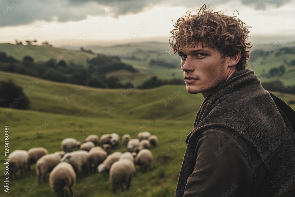 Poster young shepherd looking back at a flock of sheep in a lush green landscape during an overcast day. ge