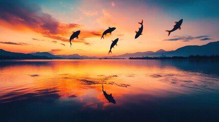 Obraz premium Four fish leap from calm lake at sunset.