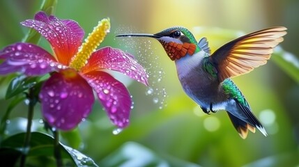 A vibrant hummingbird hovering near a colorful flower, creating a stunning nature scene.