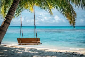 A peaceful beachside swing hanging from a palm tree.