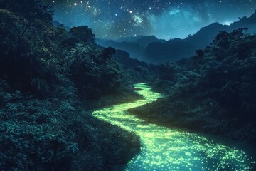 Obraz premium Bioluminescent River Flows Through Lush Nighttime Jungle