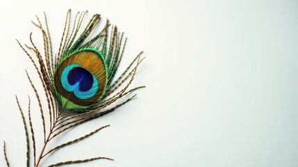 Obraz premium A single iridescent peacock feather rests against a plain white background, showcasing its vibrant colors and intricate details.